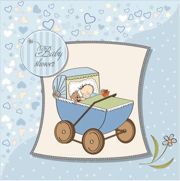 레트로 strolller와 아기 소년 샤워 카드 — 스톡 사진