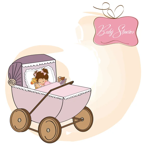 Baby girl shower card with retro strolller — Stock Photo, Image