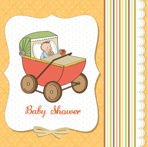 Baby boy dusch kort med retro strolller — Stockfoto