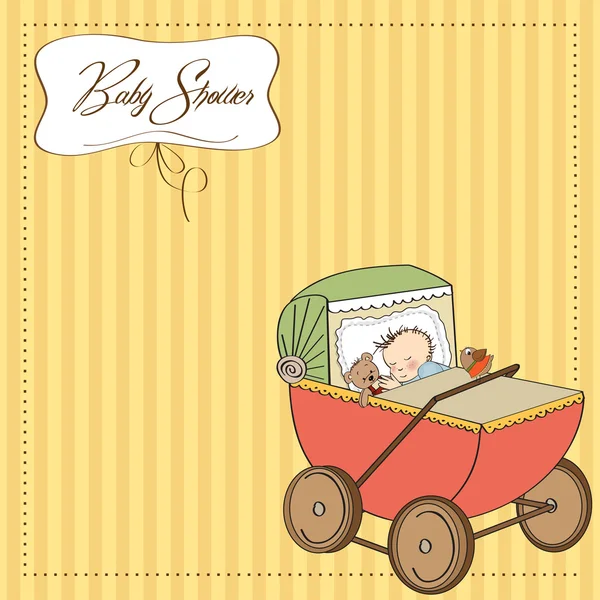 Baby boy shower card with retro strolller — Stok fotoğraf