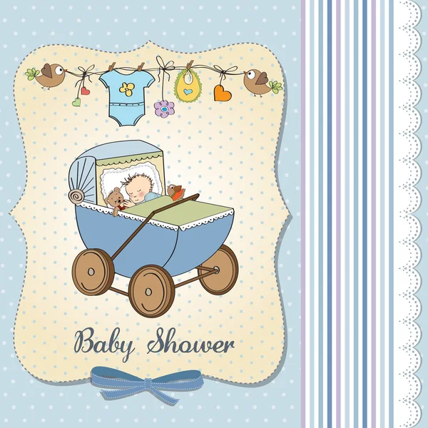 Baby boy shower card with retro strolller — Stok fotoğraf