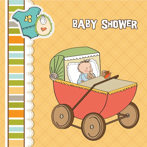Baby boy sprcha karta s retro strolller — Stock fotografie