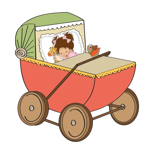 Meisje van de baby in retro wandelwagen geïsoleerd op witte achtergrond — Stockfoto