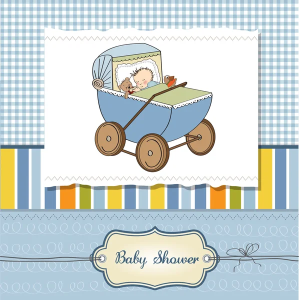 Baby boy shower card with retro strolller Stock Photo by