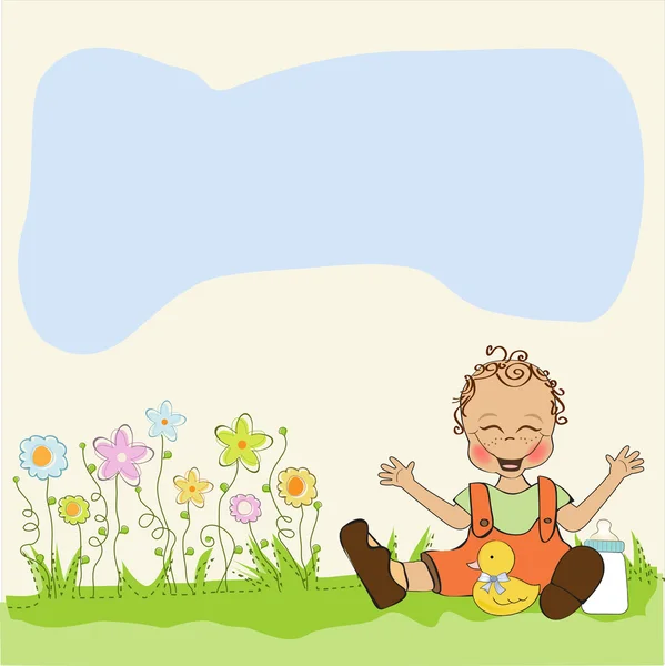 Baby boy playing with his duck toy — Stock Vector