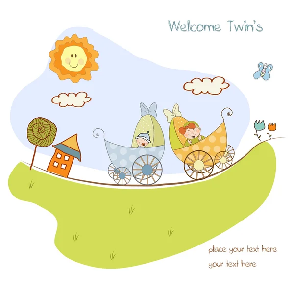 Baby tweeling douche aankondiging kaart — Stockvector