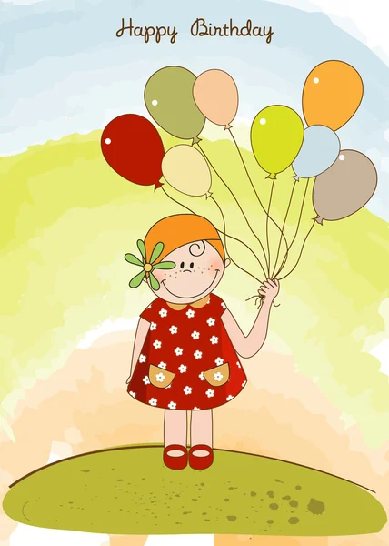 Tarjeta con chica sosteniendo globos — Vector de stock