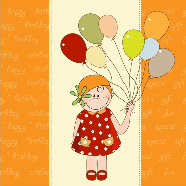 Födelsedagskort med tjej hålla ballonger — Stock vektor