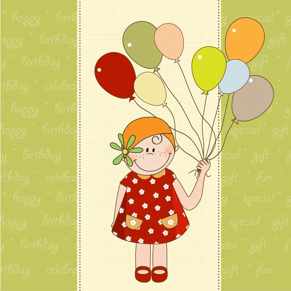 Tarjeta con chica sosteniendo globos — Vector de stock