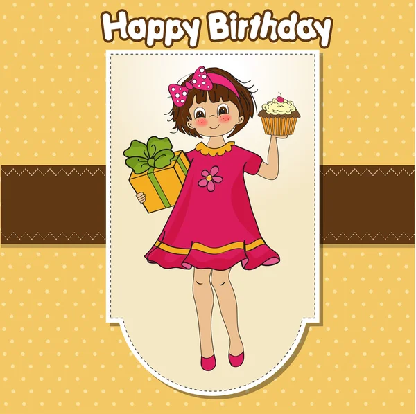 Tarjeta de cumpleaños feliz con pastel de chica y taza — Vector de stock