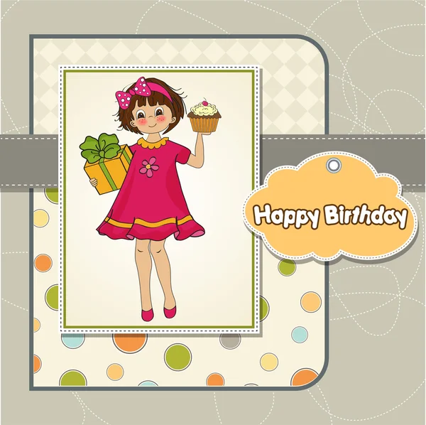 Happy Birthday card with girl and cup cake — Stock Vector