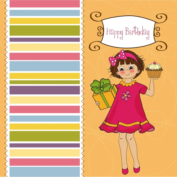 Joyeux anniversaire carte avec fille et tasse gâteau — Image vectorielle