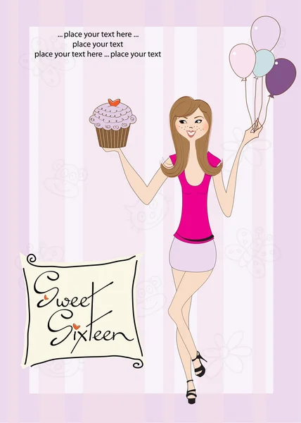 Sweet Sixteen Birthday card with young girl — Stock Vector