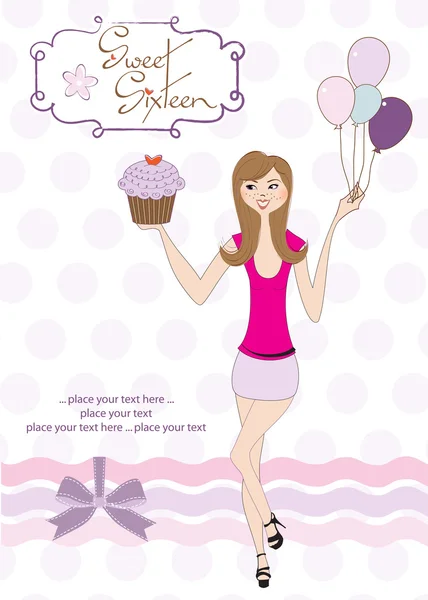 Süße sechzehn Geburtstagskarte mit jungem Mädchen — Stockvektor