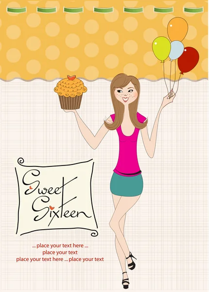 Sweet Sixteen Birthday card with young girl — Stock Vector