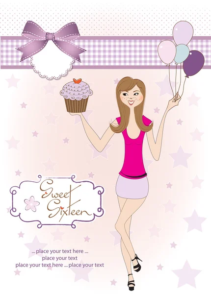 Sweet Sixteen Birthday card with young girl — Stock Vector