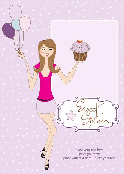 Süße sechzehn Geburtstagskarte mit jungem Mädchen — Stockvektor