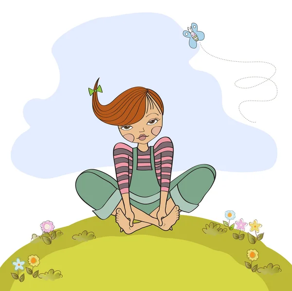 Romantic girl sitting barefoot in the grass — Stock Vector