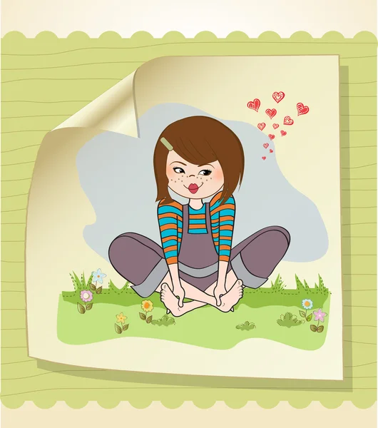 草の中裸足に座っている女の子 — ストックベクタ