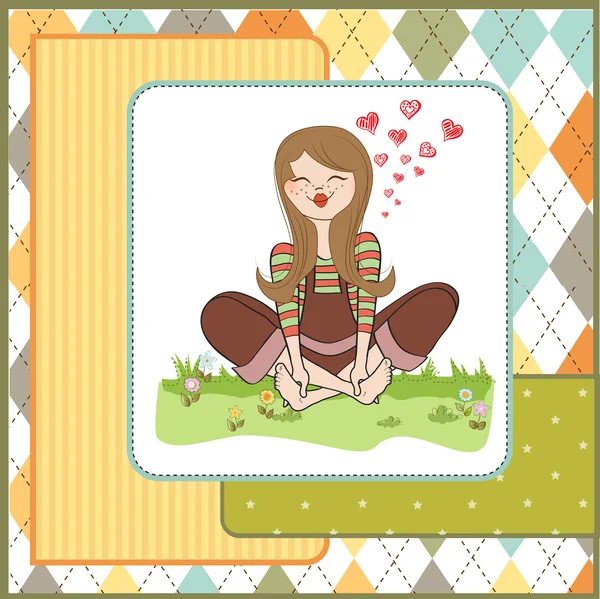 Girl sitting barefoot in the grass — Stock Vector