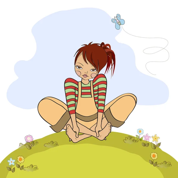 Chica romántica sentada descalza en la hierba — Archivo Imágenes Vectoriales