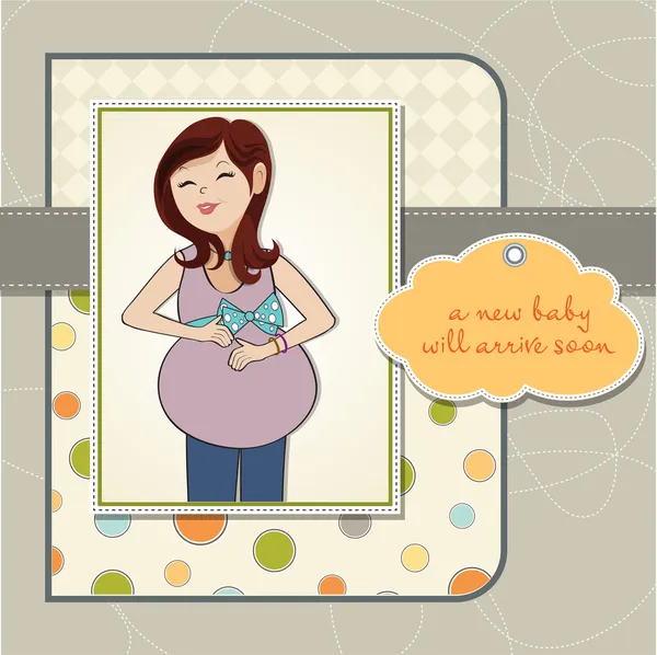 Mulher grávida feliz, cartão do chuveiro do bebê —  Vetores de Stock