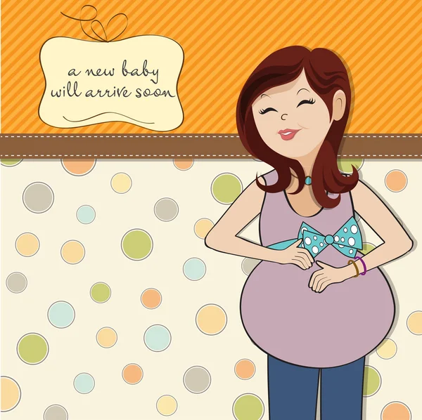 Mulher grávida feliz, cartão do chuveiro do bebê —  Vetores de Stock