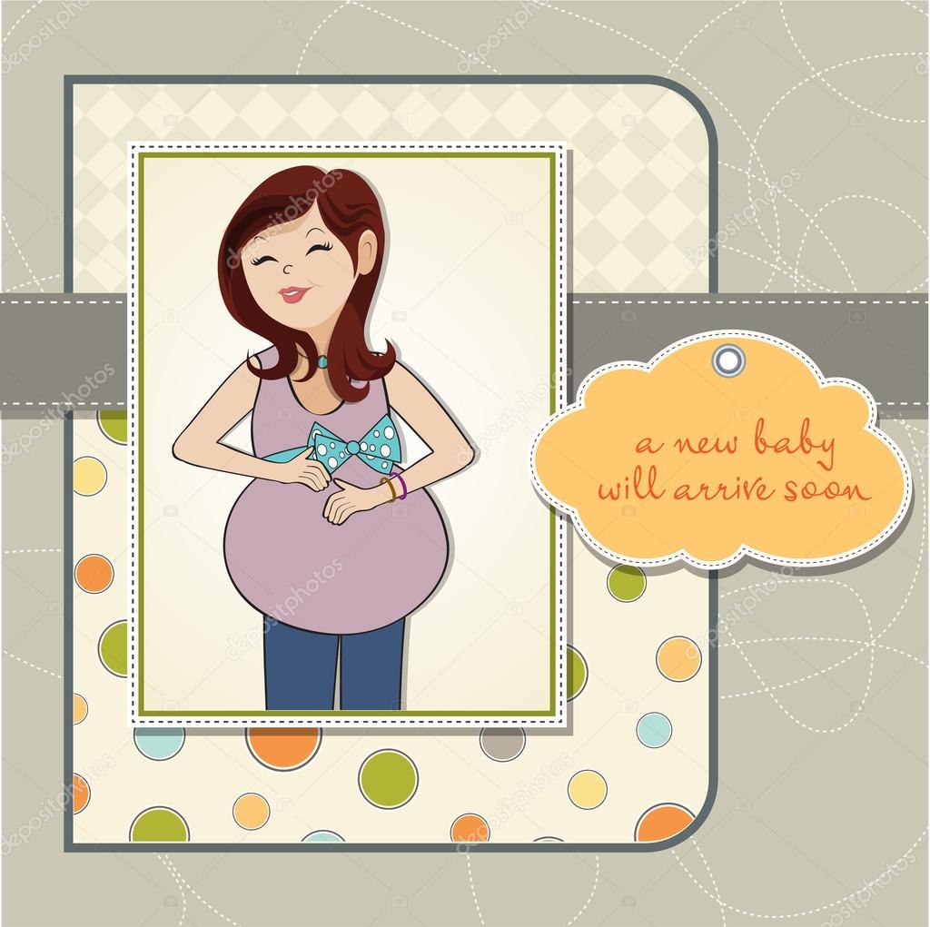 Happy pregnant woman, baby shower card