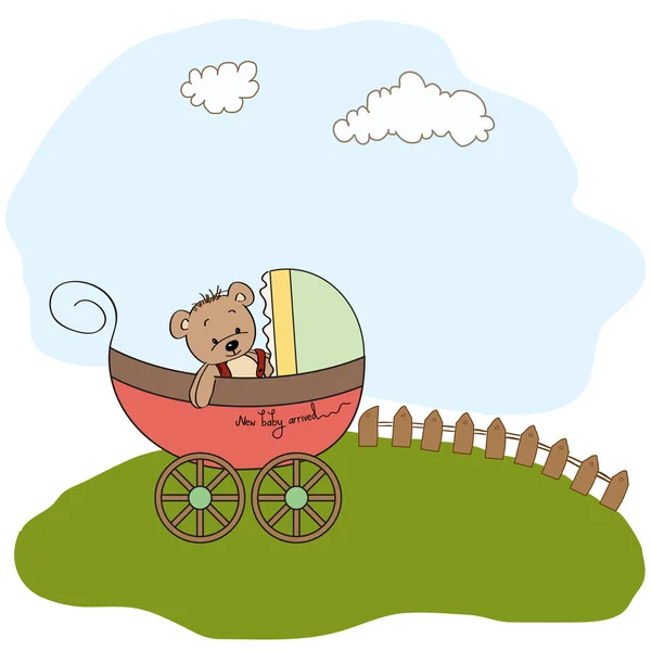 Funny teddy bear in stroller — Stock Vector