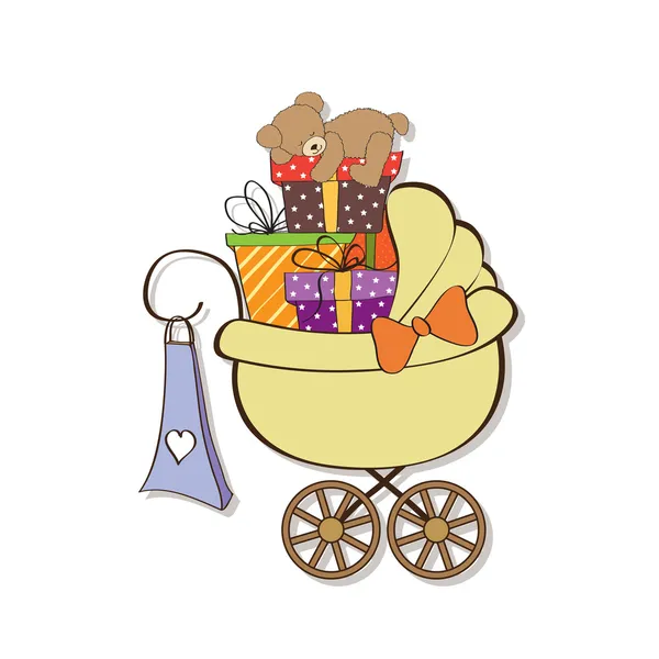 Funny teddy bear in stroller — Stock Vector