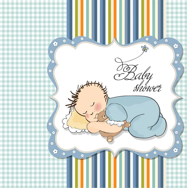 Bebê chuveiro convite com menino dormindo —  Vetores de Stock