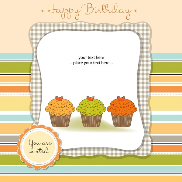 Cartão de anúncio do bebê com cupcakes — Vetor de Stock