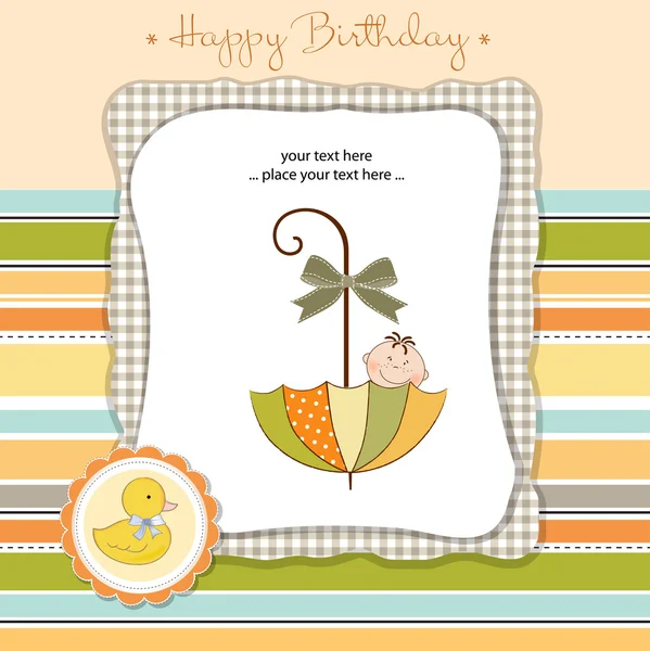 Baby announcement card with baby in umbrella — Stock Vector