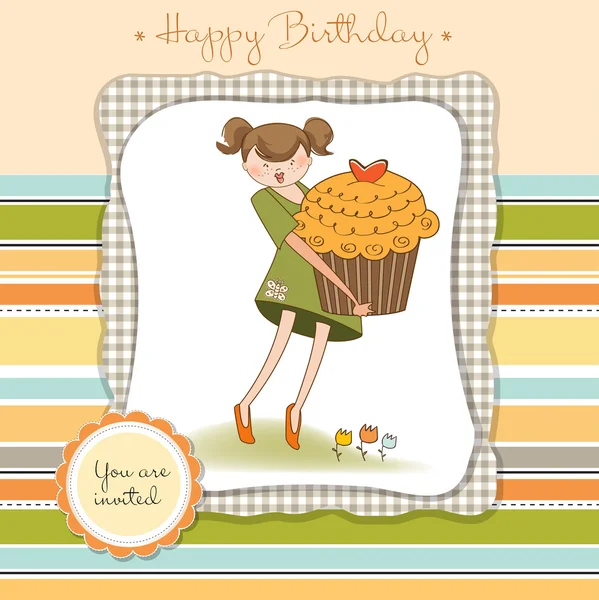Cartão de anúncio do bebê com menina segurando cupcake — Vetor de Stock