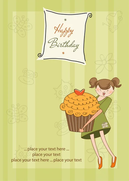 Joyeux anniversaire carte avec fille et cupcake — Image vectorielle