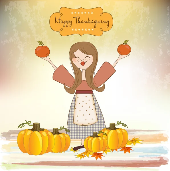 Autumn girl with apples and pumpkins — Stock Vector