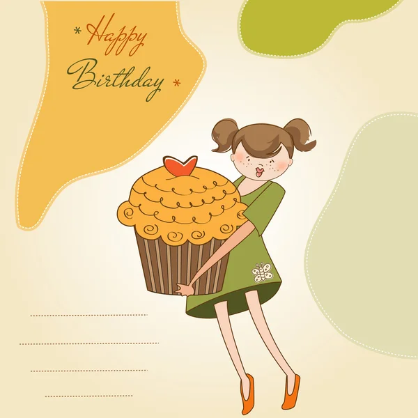 Happy Birthday card with girl and cupcake — Stock Vector