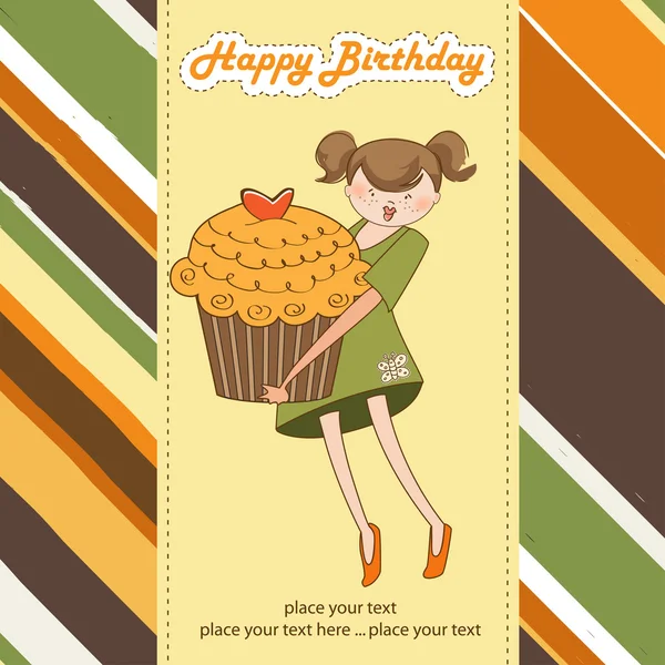 С днем рождения открытка с девушкой и кексом — стоковый вектор