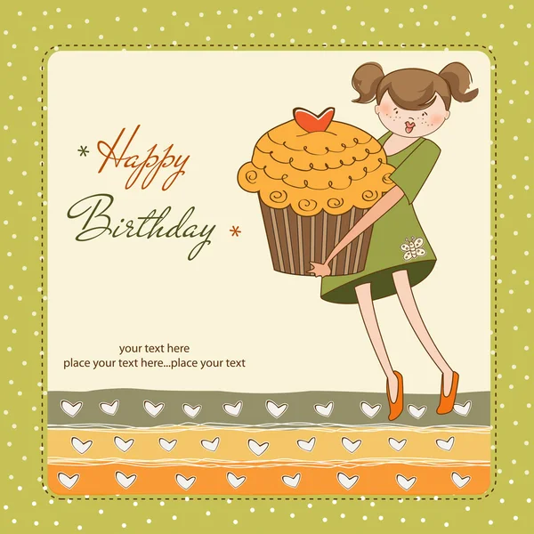 Gelukkige verjaardagskaart met meisje en cupcake — Stockvector