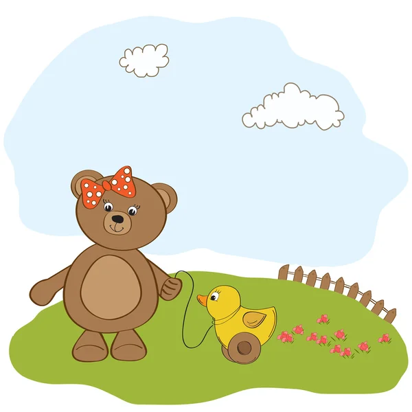 Fille ours en peluche et son canard — Image vectorielle