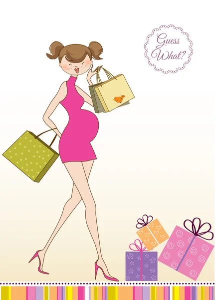 Card with beautiful pregnant woman on shopping — Stock Vector