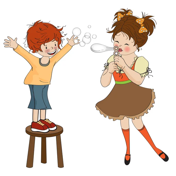 Junge und Mädchen spielen mit Seifenblasen — Stockvektor