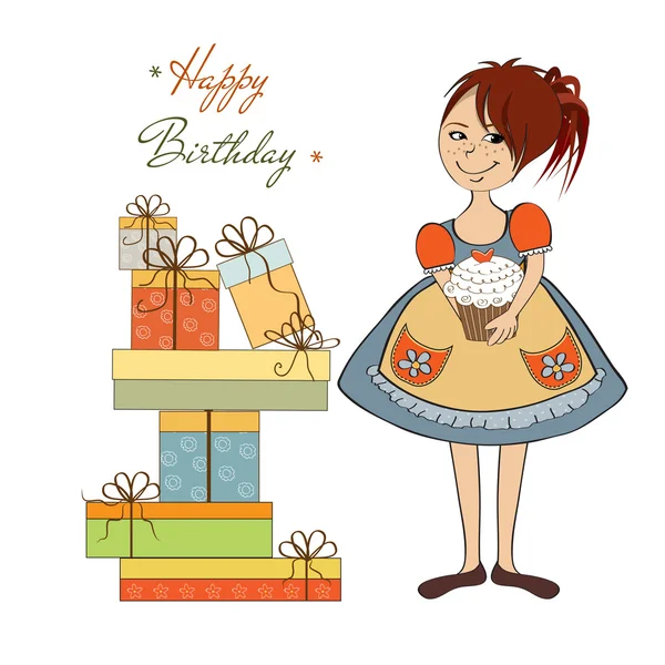 Chica con pastel de cumpleaños — Vector de stock