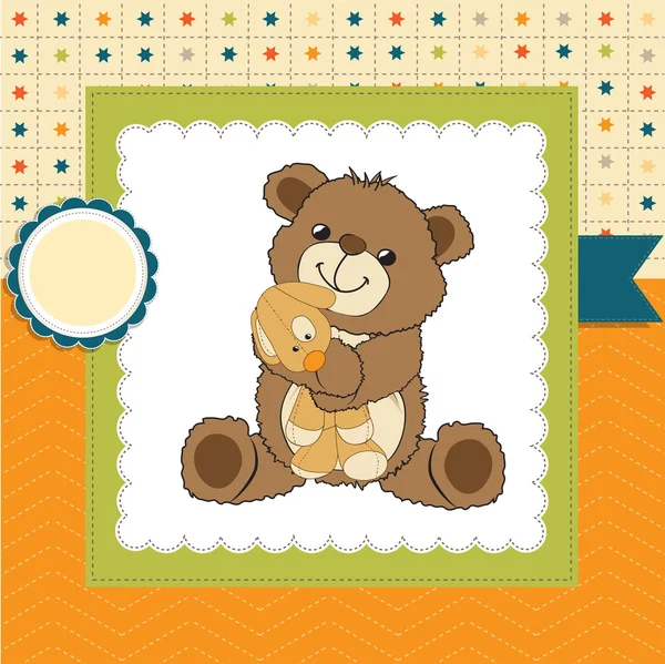 Cartão de banho de bebê com urso de pelúcia bonito — Vetor de Stock