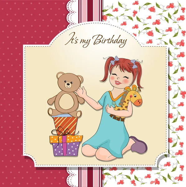 Little girl playing with her birthday gifts — Stock Vector