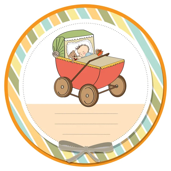 Baby Boy Duschkarte mit Retro Kinderwagen — Stockvektor