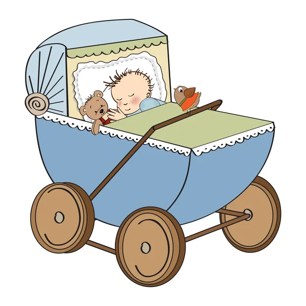 Carte de douche bébé garçon avec poussette rétro — Image vectorielle