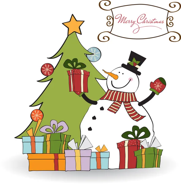 Cartão de felicitações de Natal com boneco de neve —  Vetores de Stock