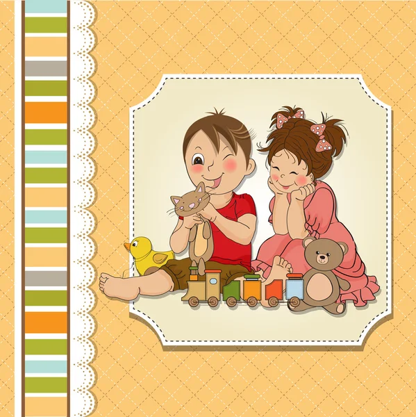 Girl and boy plays with toys — Stock Vector