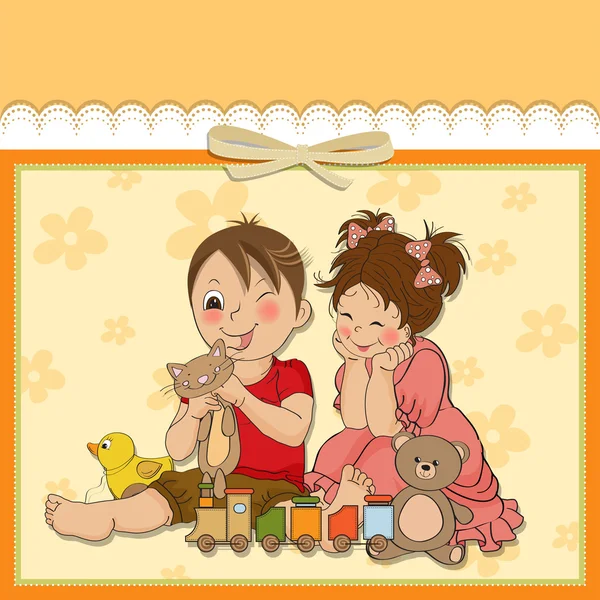 Menina e menino brinca com brinquedos — Vetor de Stock